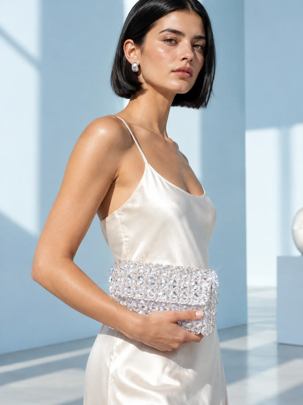 Clear Pouch Clutch, worn