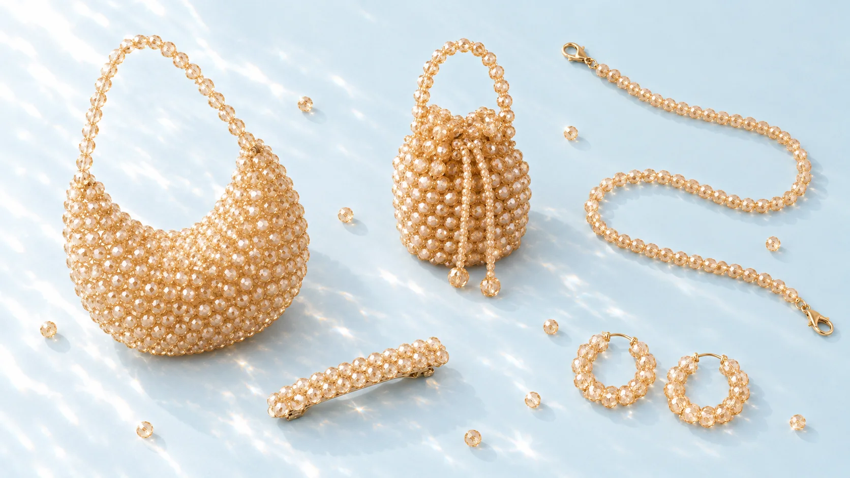 Champagne set: bag, mini bag, strap, hair clip and earrings