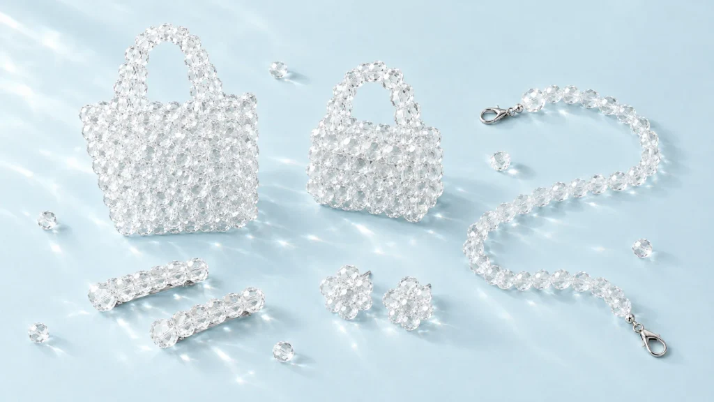 Clear set: bag, mini bag, strap, hair clip and earrings