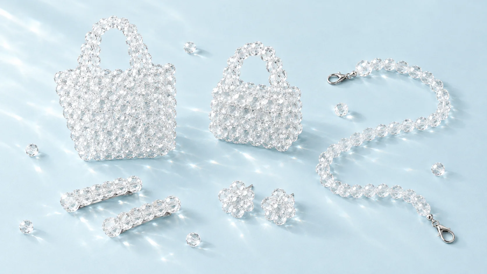 Clear set: bag, mini bag, strap, hair clip and earrings